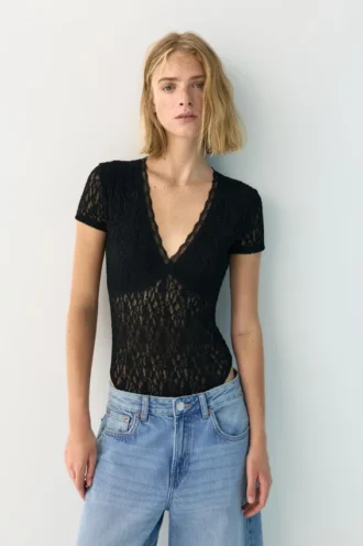 Body in pizzo a maniche corte
