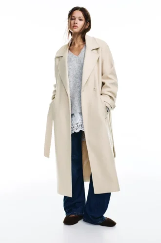 Cappotto lungo con cintura e texture in feltro